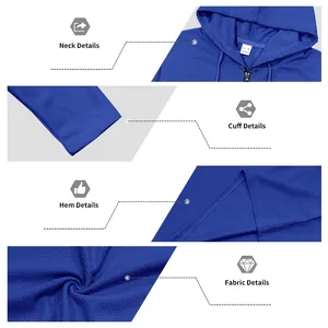 Primi piani dettagliati della felpa blu con cappuccio in maglia a nido d'ape