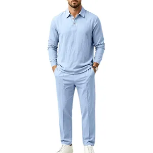 Full view of men's light blue cotton-linen long-sleeve polo and straight trouser leisure set