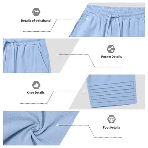Close-up of light blue cotton linen cropped pants with drawstring and pleated knees