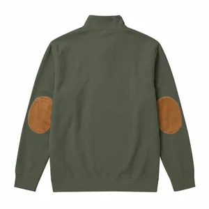 Back view of men's olive green ribbed sweatshirt with brown elbow patches
