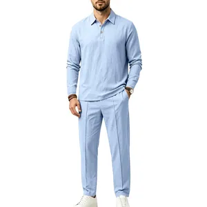 Full-body detail view of a light blue men's cotton linen two-piece casual resort wear set