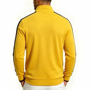 Detailed back view of a yellow men's sports jacket with black contrast shoulder stripes
