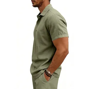 Side view detail of men's olive green linen short sleeve polo shirt with classic collar