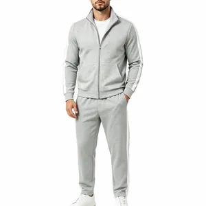 Men's gray tracksuit set with white side stripes and stand collar zip-up jacket