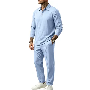 Men's light blue cotton linen two-piece set featuring a long-sleeved polo and pants