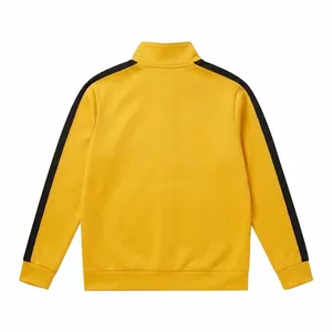 Back view of a yellow sports jacket with contrasting black stripes on long sleeves