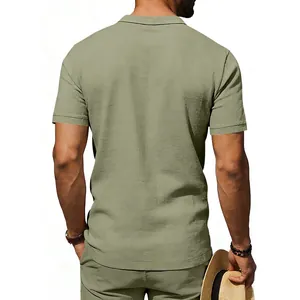 Back view of men's sage green linen polo shirt featuring refined texture details