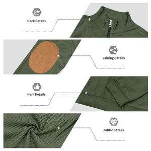 Detailed macro views of green ribbed half-zip sweatshirt featuring suede elbow patches