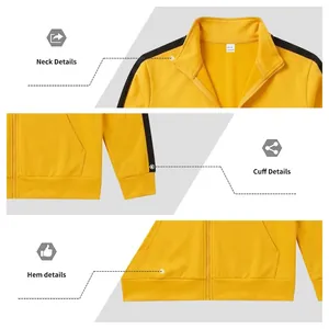 Detailed macro views of yellow men's sports jacket with contrast sleeve stripes and zipper.