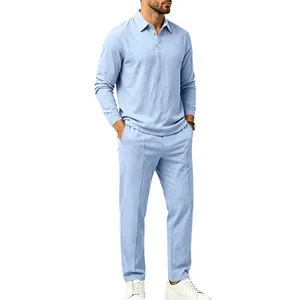 Full body view of light blue cotton linen leisure set with polo shirt and straight pants