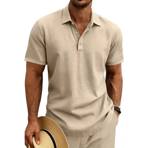 Macro view of men's breathable linen short-sleeved polo shirt in beige casual style