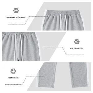 Detailed view of men's side stripe sweatpants featuring waistband, pockets, and hem.