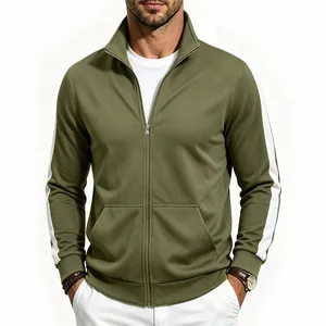 Men's olive green sports jacket showing zip-up front, stand collar and white side stripes