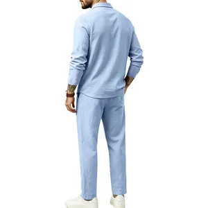 Back view of men's light blue cotton linen casual two-piece set with long sleeves