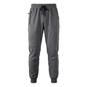 Men's dark grey joggers with elastic drawstring waist and side zipper pockets.