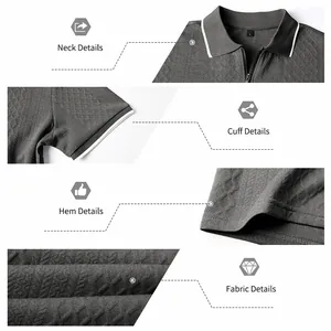 Close-up detail of grey diamond jacquard polo shirt neck, cuff, and textured fabric weave.
