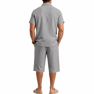 Back view of men's grey cotton linen vacation set with short sleeve shirt and shorts