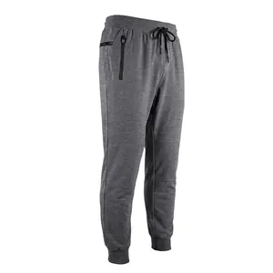Side view of gray men's joggers with drawstring waist and functional zipper pockets