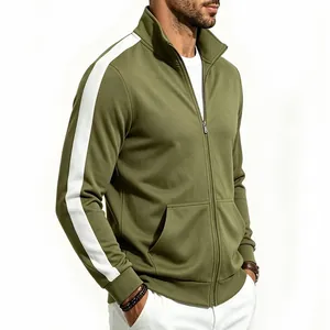 Detailed view of men's olive green zip-up sports jacket featuring white side stripes