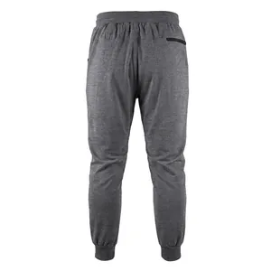 Rear view of grey men's slim fit joggers featuring elastic waist and ankle cuffs.
