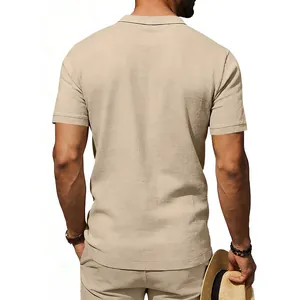 Back view of a men's khaki linen short-sleeved business casual Polo shirt with texture
