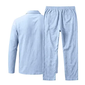 Back view of light blue men's cotton linen long-sleeve shirt and matching pants set