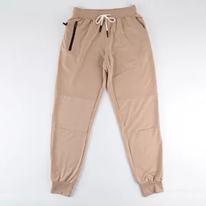 Men's khaki casual joggers with elastic drawstring waist and side zipper pocket detail
