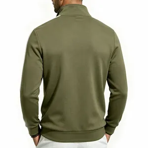 Back view of an olive green men's stand collar jacket with white sleeve stripes
