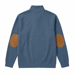 Back view of men's blue ribbed sweatshirt featuring brown faux suede elbow patches