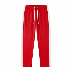 Red men's athletic sweatpants featuring white side stripes and a drawstring waist