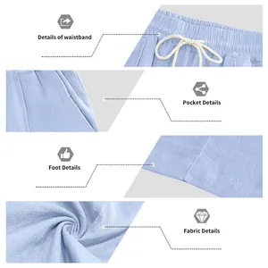 Close-up showing waistband, pocket, hem, and texture of light blue cotton linen pants