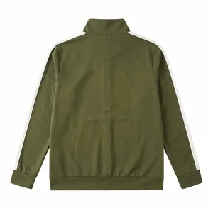 Detailed back view of army green men's sports track jacket with white sleeve stripes