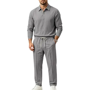 Close-up detail of a men's grey cotton linen long sleeve polo and matching trouser set