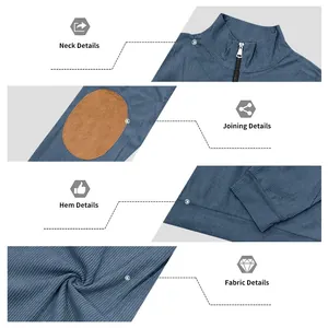 Detailed view of men's blue ribbed sweatshirt with half-zip and elbow patches