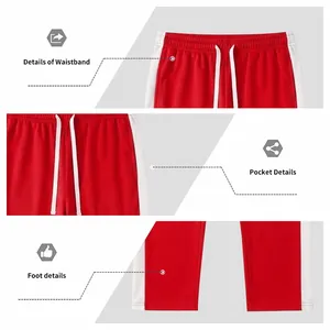 Detailed view of red men's sweatpants featuring white side stripes and drawstring