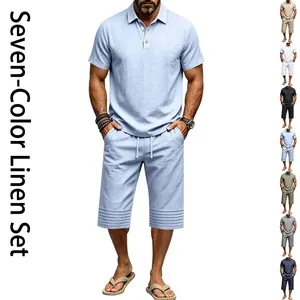 Men's Summer Linen Blend 2 Piece Set Casual Short Sleeve Polo Shirt and Seven-Point Drawstring Pants Vacation Leisure Outfit