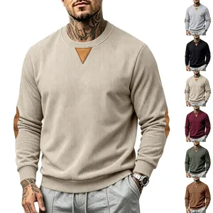 Heren Casual Corduroy Lange Mouw Sweatshirt Colorblock Elleboogstukken Ronde Hals Pullover Retro Sweatshirt Patchwork Top