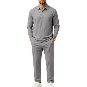 Detail view of gray men's cotton linen casual set with long sleeve polo and long pants.