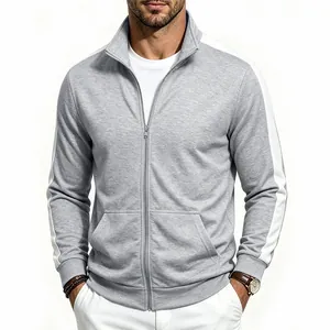 Detailed front view of men's grey full-zip sports jacket with white sleeve stripes