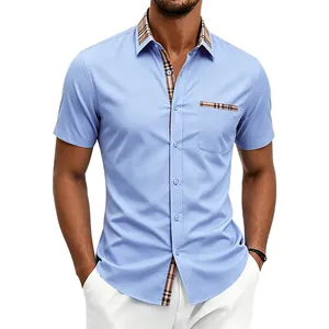 Men's light blue short sleeve business shirt with contrast plaid collar and pocket trim