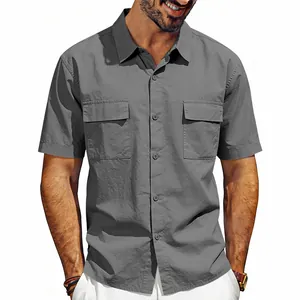 Front detail view of men's short-sleeved gray cargo shirt with two chest pockets
