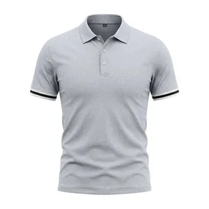 Men's grey short sleeve Polo shirt with black and white striped cuffs