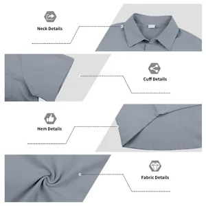 Detaillierte Nahaufnahmen von Kragen, Manschetten und Stofftextur eines Herren-Freizeithemds.