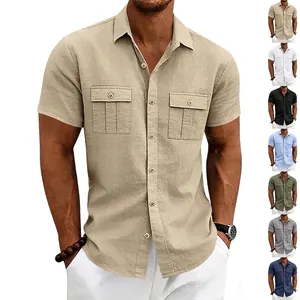 Herren Sommer Leinen Kurzarm Hemd Reverskragen Button Down Utility Work Shirt Doppel Taschen Atmungsaktive Casual Freizeit Top