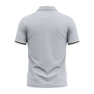 Back view of men's gray Polo shirt featuring contrast striped cuffs and breathable fabric