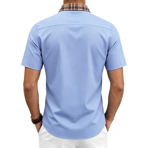 Back view of light blue men's shirt with plaid contrast collar detail