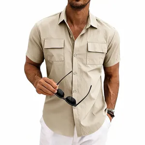 Detail of khaki men's short sleeve cargo shirt with dual chest pockets and lapel