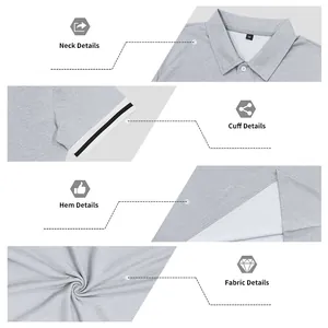 Detailed macro views of men's polo shirt neckline, striped cuffs, hem, and fabric