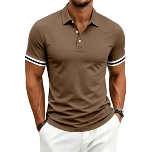 Close-up of a men's coffee polo shirt with striped cuffs and three-button placket