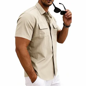 Detailed side view of a men's khaki short sleeve utility shirt with flap pockets.